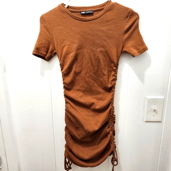 Zara Copper Brown Ribbed Side Tie Short Sleeves Mini Dress Size Small - Picture 1 of 9